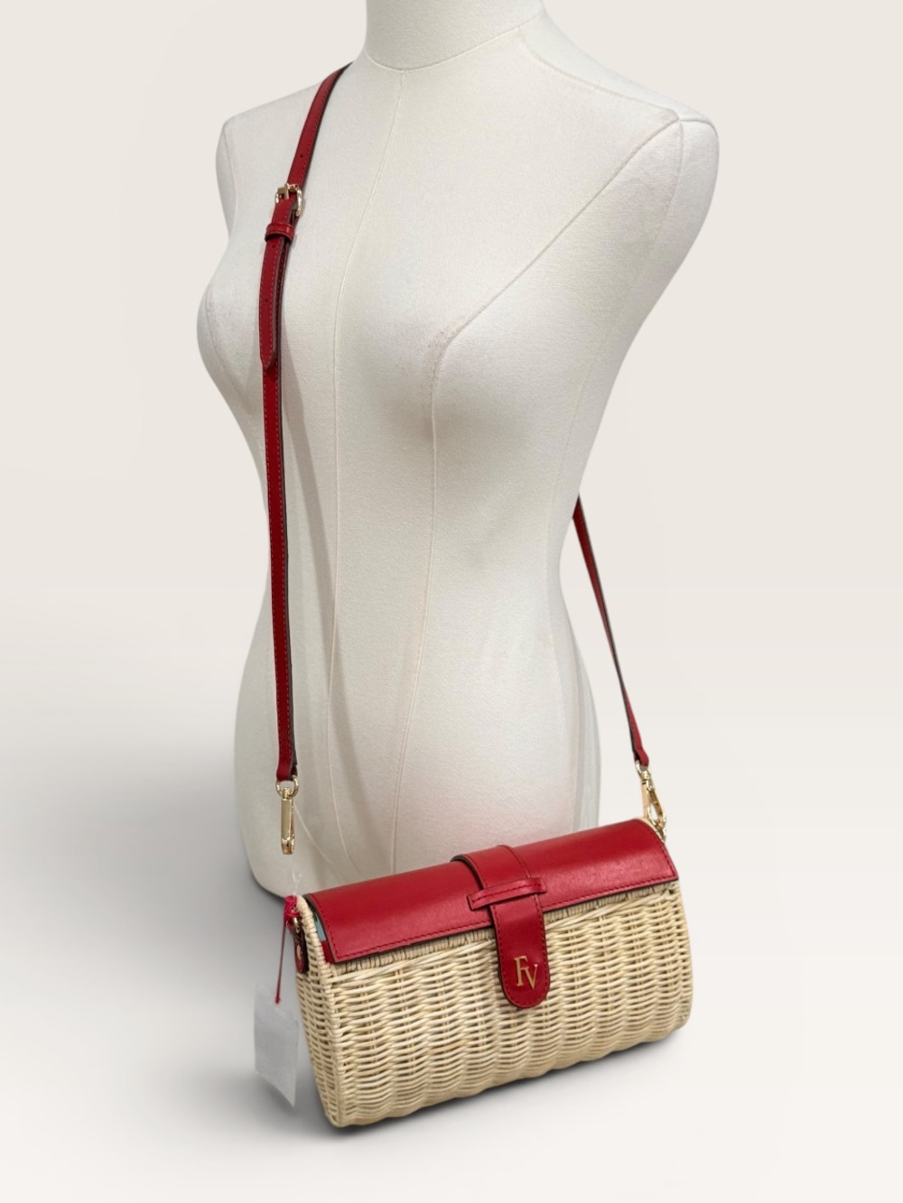 FRANCES VALENTINE Betsy Wicker Basket Crossbody Bag Clutch Toast/Red NWT
